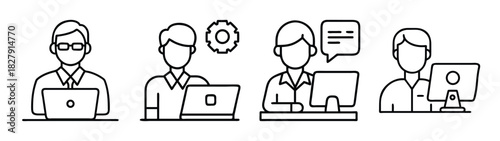 Team of developers working on laptops and computers vector illustration outline style design