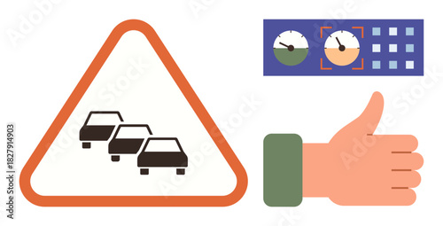 Traffic congestion warning symbol alongside dashboard meters and a positive thumbs-up gesture. Ideal for transport safety, driving habits, navigation, traffic systems, road safety, vehicle