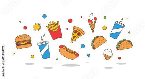 Assorted Fast Food Items Illustration with Burger, Fries, Pizza, and More.