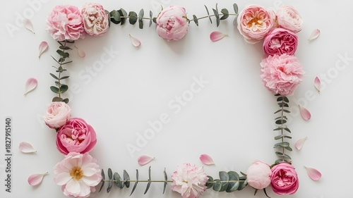 Beautiful pink flower and eucalyptus frame border on white background for copy space