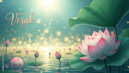 Magical lotus pond with glowing lights and water lily blooms