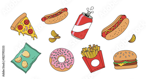 Assortment of Unhealthy Fast Food Items Illustration.