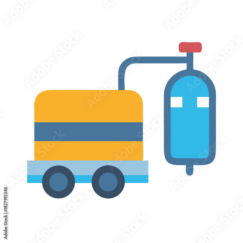 Cartoon image of machine on wheels with liquid reservoir