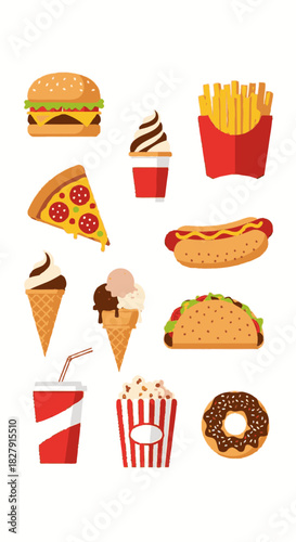 Assortment of Unhealthy Fast Food Items Illustration.