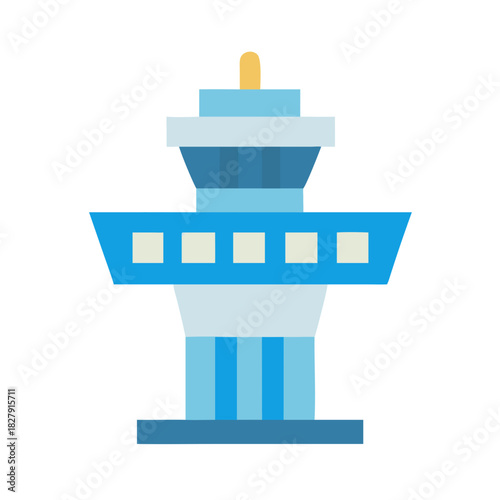 Flat illustration of an airport control tower in blue tones