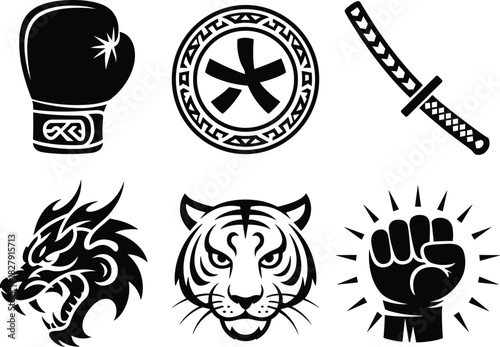 Set of Six Black and White Fighting and Martial Arts Emblems Icons (Tiger, Dragon, Katana)