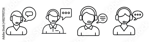 Customer service call center agents with headsets and speech bubbles line art vector design