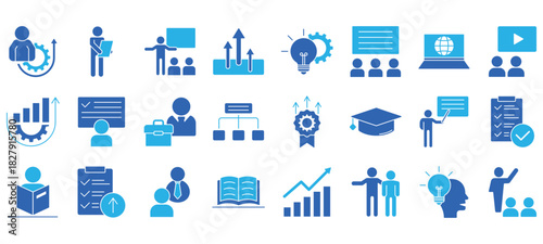 Flat solid upskill icon set featuring training, learning, course, certificate, growth, and online class. Ideal for UI, apps, and education.