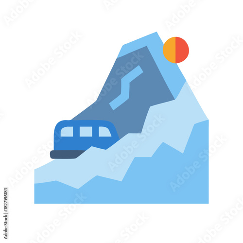 Flat illustration of snowy mountain with train and sun