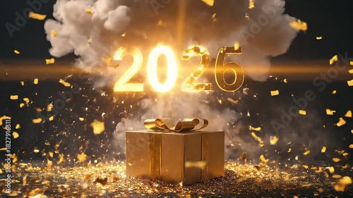 Happy New Year 2026 Celebration with Glowing Golden Gift Box and Explosive Confetti