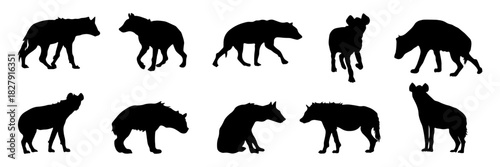 Hyena silhouettes. Various hyena poses: running, standing, sitting. Wild animals.