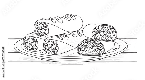 Line art sketch of delicious Chicken burrito stacked on a plate with wood background.