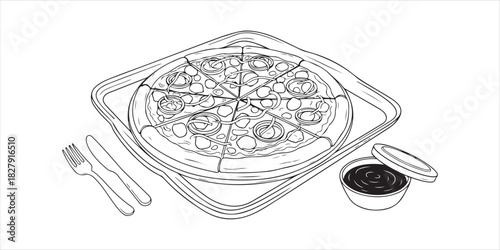 Line art sketch of a whole BBQ chicken pizza with toppings and a side of dipping sauce.