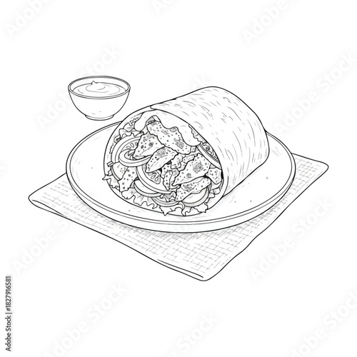 Line art black and white sketch of a delicious Chicken shawarma served with a side of dipping sauce.