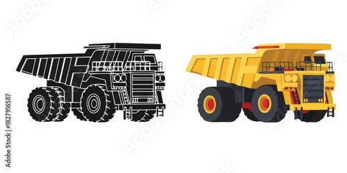 heavy-duty mining dump truck in Three styles vector set line art, silhouette and color version
