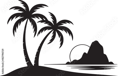 Silhouette of palm trees on a tropical island at sunset with ocean waves