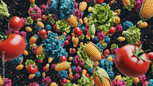 Colorful Vegetables and Fruits Exploding in Artistic Display