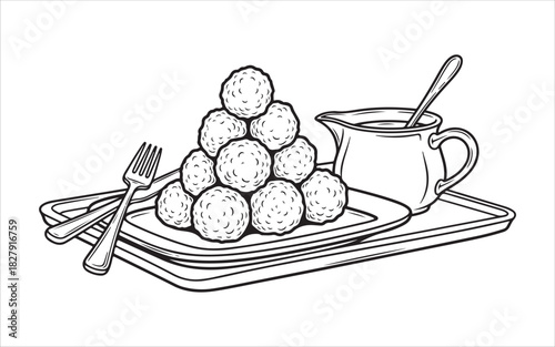 Line art illustration of a pyramid of Chili Cheese Tots served with gravy and cutlery on a plate.