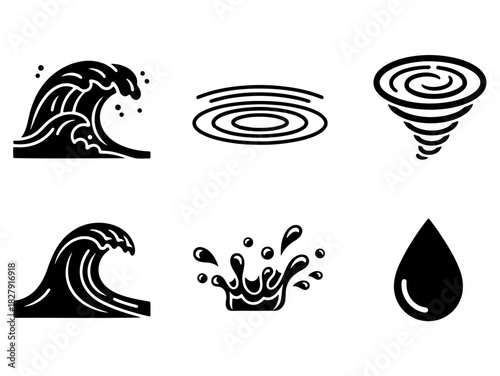 Water Icons Wave, Ripples, Tornado, Splash, and Drop - Nature's Elements in Black and White Illustration