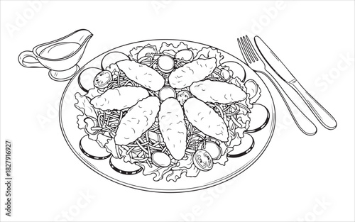 Line art sketch of a delicious Crispy chicken salad with dressing and cutlery on white background.