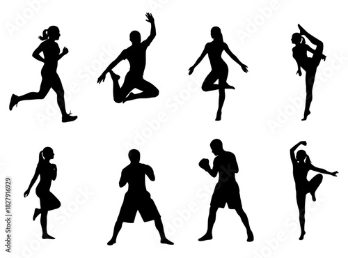 Vector illustration set of human silhouettes in dynamic sport, fitness, and exercise action poses