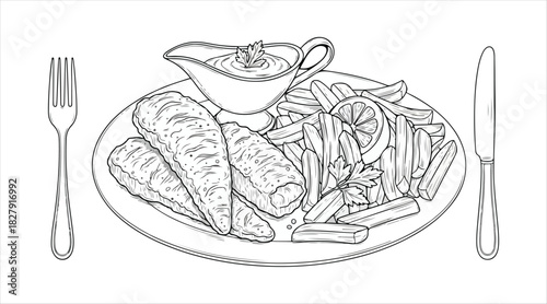 Delicious roasted Fish and chips dinner with gravy and fries served on a plate with cutlery.