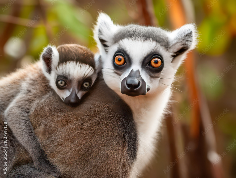 Obraz premium Ring-tailed lemur carries its babies on its back in its natural habitat, close-up wildlife portrait