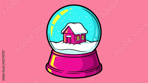 Illustration of a snow globe with a pink house inside, set against a pink background.