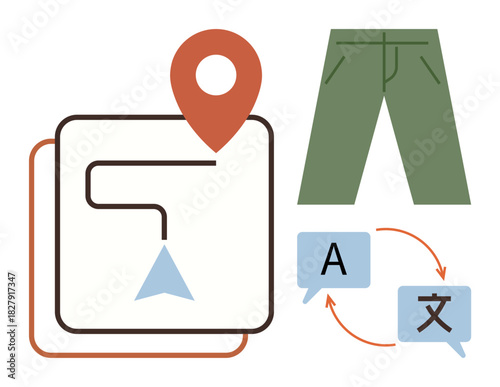 Location map pin with navigation path, green pants icon, and language translation arrows. Ideal for travel, fashion, e-commerce, localization, global communication AI education. Simple flat