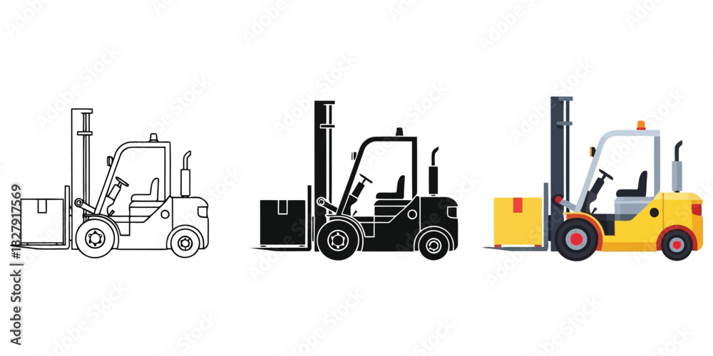 Fototapeta premium Forklift Carrying a Box In Three styles vector set line art, silhouette and color version
