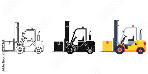  Forklift Carrying a Box In Three styles vector set line art, silhouette and color version