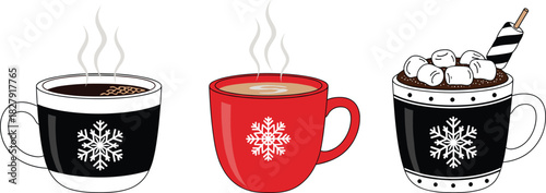 Winter hot beverage mug vector set featuring steaming coffee, cocoa with marshmallows, and festive snowflake cup designs for cozy seasonal illustrations.
