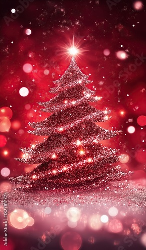 Sparkling red glitter Christmas tree standing against deep pink starry sky with falling snowflakes, shimmering lights and bokeh effects creating magical atmosphere