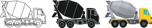 Concrete Mixer Truck In Three styles vector set line art, silhouette and color version