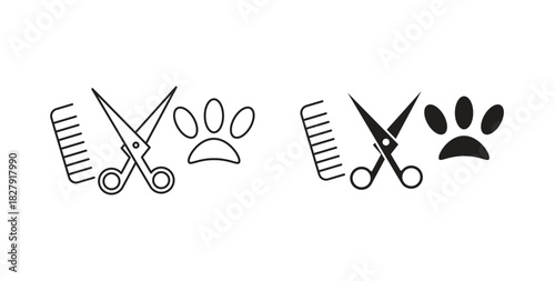 Pet grooming icon with line and silhouette versions.
