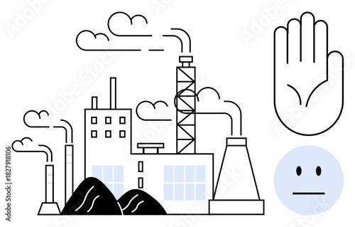 Factory releasing smoke into air, coal piles, neutral expression, and stop hand gesture. Ideal for pollution, climate action, industrial impact, environmental awareness, sustainability advocacy eco