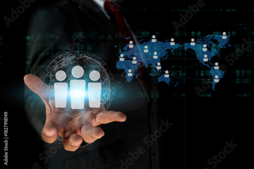 Businessman holding global structure customer network. Human resource management technology (HR), Hiring Human Resources. headhunting and recruitment process.