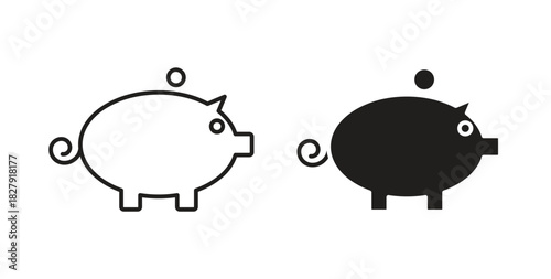 Piggy bank icon with line and silhouette versions.