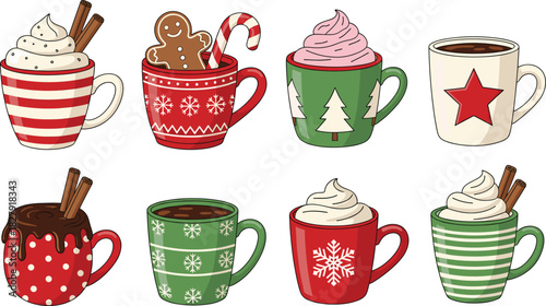 Christmas holiday mug vector set featuring festive hot chocolate and coffee cups with winter patterns, whipped cream, candy canes, and seasonal decorations.