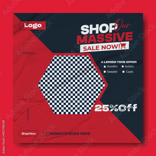 Modern social media post template for massive sale announcement featuring a confident man and 25 percent off discount