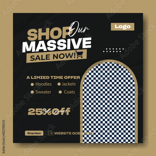 Modern black and gold social media post announcing a massive sale with 25 off and a male model