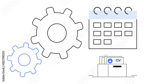 Workforce management. Workforce management concept with gears, calendar, and file storage for efficient employee scheduling and recruitment. Workforce tools for HR, project planning, automation