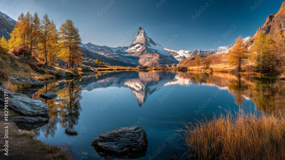 Fototapeta premium Panoramic autumn morning landscape of stellisee lake reflecting the iconic matterhorn peak with vibrant alpine colors near zermatt in the swiss alps europe