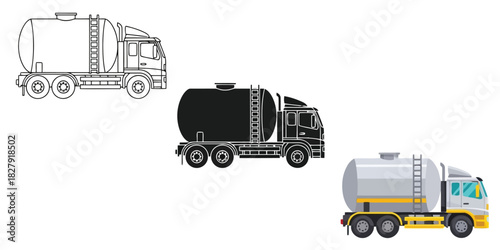 Tank Truck in Three styles vector set line art, silhouette and color version