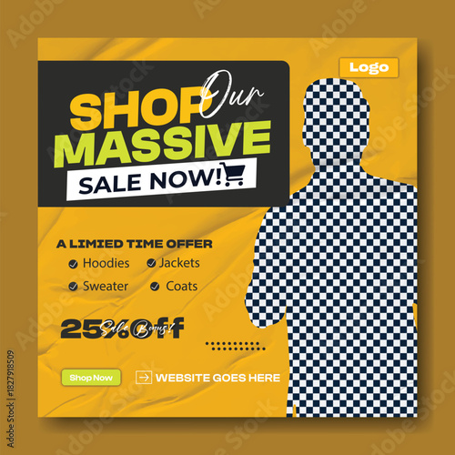 Excited man in plaid shirt promoting a massive sale with 25 percent off and limited time offer details