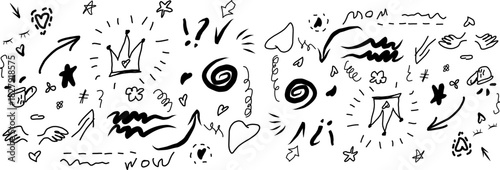 Hand-drawn black line doodles: swirls, sparkles, arrows, crowns, and exclamation marks on white. Abstract, creative, and decorative elements.