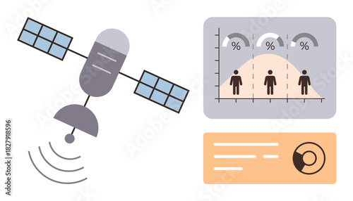 Satellite sending data signals, population distribution chart, and data card with analytics. Ideal for technology, communication, data analysis, population studies, statistics, research