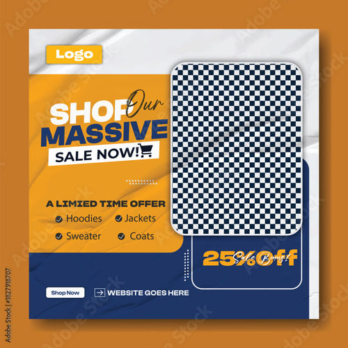 Modern fashion sale advertisement featuring a stylish man in a blazer offering a massive discount