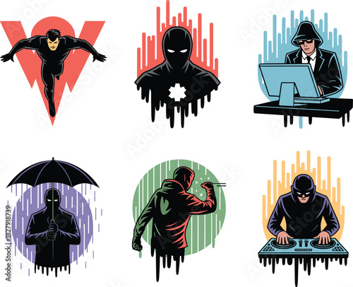 Modern Vector Set of Six Graphic Illustrations Featuring Hackers, Spies, and Secret Agents with Data Stream Backgrounds, Including a DJ, Umbrella Figure, and a Crouching Superhero.
