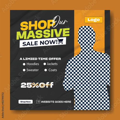 Man with plaid shirt smiling and showing off a massive sale announcement with 25 percent off offer